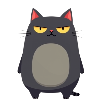 Gerald, a big, round dark gray cat with stern yellow eyes and a pale belly