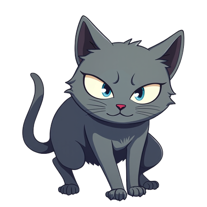 Mist, a sleek dark gray cat crouched low and watching with sharp blue eyes