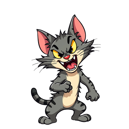 Scratch, a scruffy gray tabby alley cat snarling